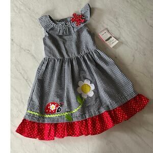 NWT Rare Editions Girls 6X One-Shoulder Checked Fit-And-Flare Dress lady bug